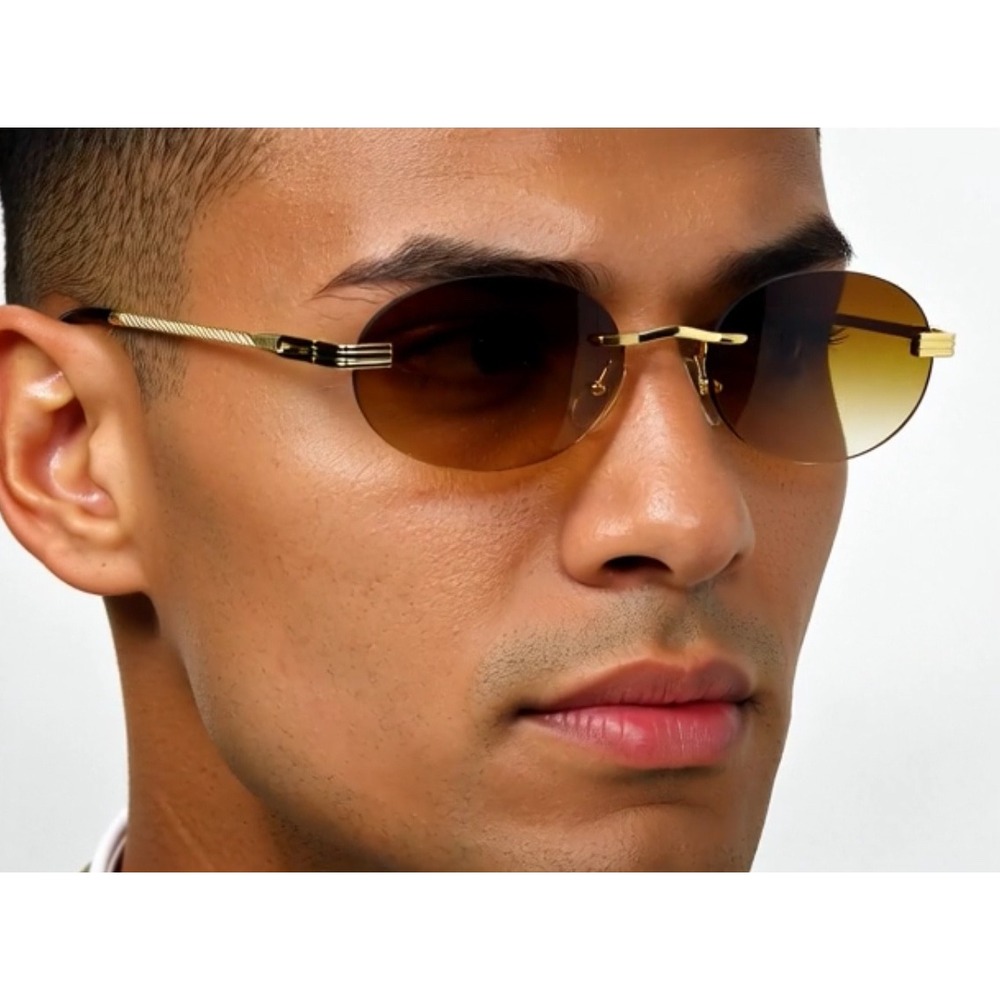 Men Rimless Brown‎ Lens Sunglasses Small Gold Shades Male Round Minimalist Gafas